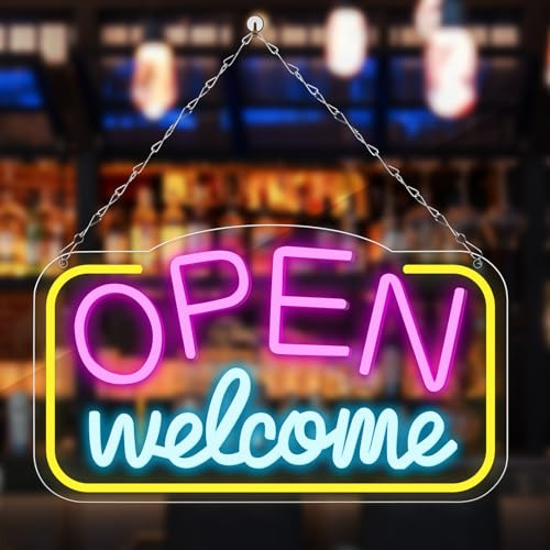 Cartel de neón abierto de bienvenida abierta, 42 x 23 cm, letreros de neón abiertos de colores, con funcionamiento por USB, intensidad regulable, para bar, tienda, cafetería, tienda, club, fiesta