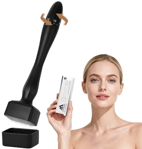 Flintronic justerbar Derma-stämpel, mikroneedling Dermastamp med 140 mikronålar, 0-3 mm Dermapen för hår- och skäggväxt, förbättrad hudens elasticitet för ansikte, kropp (svart)