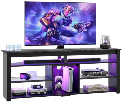 Bestier Mobile TV per TV da 70 pollici, mobiletto porta TV alto con 2 luci a LED, console TV gaming con contenitore per PS5, mobiletto porta TV moderno per camera da letto e soggiorno, marmo nero