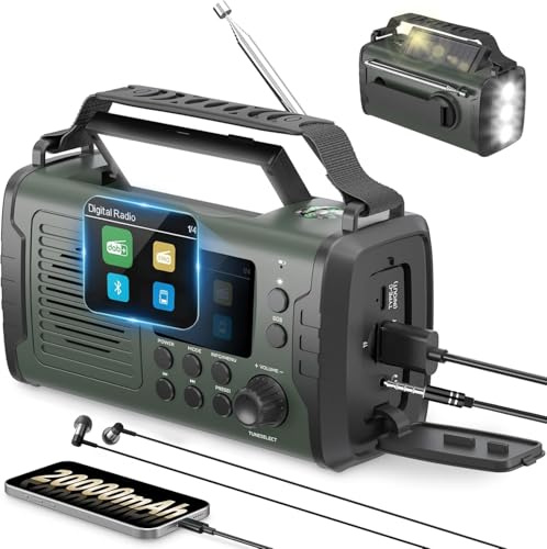 20000mAh Wind Up Radio with Bluetooth, DAB/FM Solar & Hand Crank Power Radio, Flashlight & Reading Light, USB Mobile Phone Charger, SOS Alarm, Portable Emergency Radio for Camping and Outdoor Use