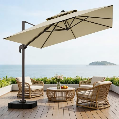 UMBFUN Sonnenschirm 270 x 365 cm mit Fußpedal und Kreuzsockel,Groß Ampelschirm,Kurbel Doppeldach Quadratisch Gartenschirm mit 360° Drehbar für Terrasse,Pool,Outdoor,Balkon Sonnenschutz,Beige