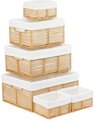 Vagusicc Wicker Storage Basket, Set of 6 Hand-Woven Display Hamper Basket with Handle, Wicker Basket for Shelves Closet, Nesting Natural Wicker Organiser Baskets for Bedroom & Home Office, Natural