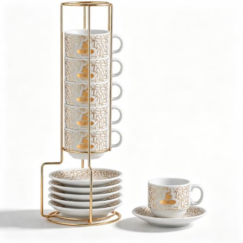 Espresso Cups Set of 6 with Saucer & Metal Stand, 100ml Ceramic Coffee Cup