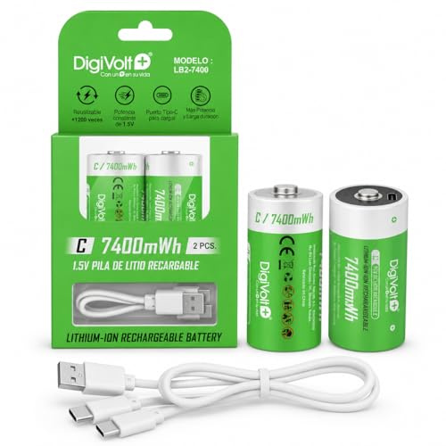 RAYPOW Pilas C/LR14 Recargables de Litio 7400 mWh, Pack de 2, Baterías R14 1.5V USB-C con Cable USB-A a Doble Type-C, Pilas Tipo C Recargables para Linternas, Radios, Juguetes y Dispositivos del Hogar