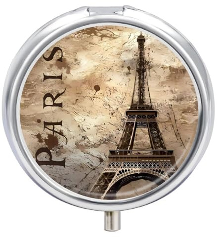 Pilulier rond Paris Tour Eiffel portable à 3 compartiments, exquis pilulier en métal avec fermeture à pression, boîte de rangement pour tablette, sac à main, poche, voyage et utilisation quotidienne