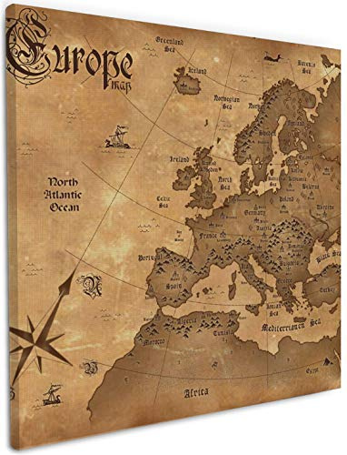 Wallario Leinwandbild Alte Weltkarte Karte von Europa in englisch - Wandbild 50 x 50 cm: Kunstdruck | Brillante lichtechte Farben | hochauflösend | verzugsfrei