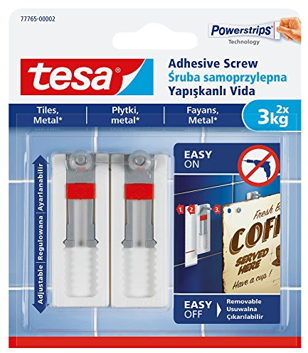 Tesa 77765 – 00002 – 00 extraíble ajustable tornillo de adhesivo para azulejos, Metal y superficies lisas, color blanco