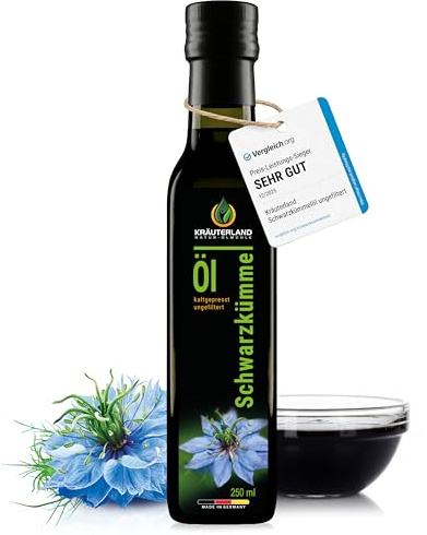 Kräuterland Schwarzkümmelöl kaltgepresst ungefiltert 250ml in Glasflasche | 100% Nigella Sativa, hoher Thymochinongehalt, ohne Konservierungsstoffe & Aromen, nativ, vegan, mühlenfrisch & unraffiniert