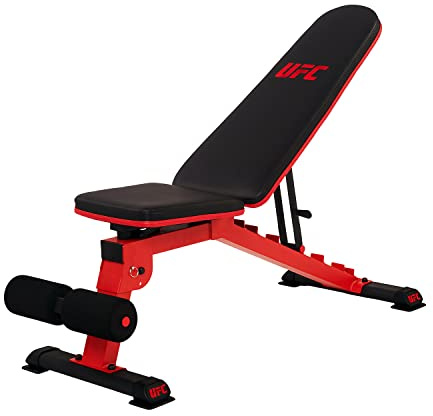 UFC Hantelbank Deluxe FID Bench bis 454kg belastbar. Einsetzbar als Flachbank, Schrägbank, Negativbank und Bauchbank. Rückenlehne 7-Fach verstellbar. Mit Transportgriff u. -Rollen.