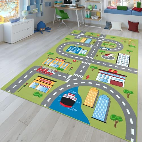 TT Home Kinder-Teppich, Spielteppich Für Kinderzimmer Mit Straßen-Muster Und Autos, Grün, Größe:200x290 cm