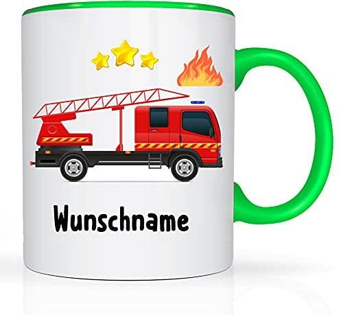 Print-Klex Tasse mit Namen und Feuerwehr Motiv Bedruckt Namenstasse Namensbecher Feuerwehrtasse für Jungen Kindertasse Keramiktasse Weiß/Grün Geschenktasse Spruchtasse mit Druck Kinder Tasse 330ml