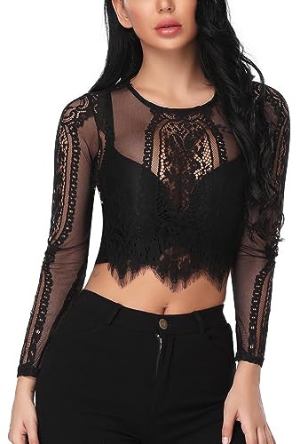 Wayleb Top Donna in Pizzo Manica Corta Elegante | Pizzo Trasparente, Manica Corta, Cerniera Posteriore, Stile Elegante, Dirndl, Festa, Cerimonia e Serata
