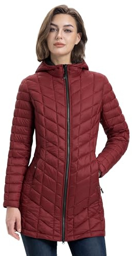 33,000ft Women's Winter Jacket Lightweight Long Quilted Jacket Water Resistant Transitional Down Jacket with Hood For Cold & Wet Weather Burgundy M