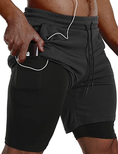 JWJ Herrshorts, 2-i-1 snabbtorkande löparshorts för gym och träning med sidofickor, Svart, M