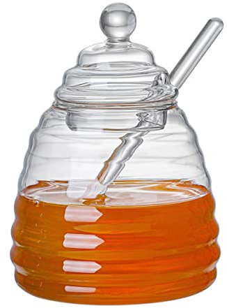 HZIYOU Honigglas und Honiglöffel und Honigtopf aus Glas, hitzebeständiger Bienenstock-Honigtopf für die Küche zu Hause (400ML)