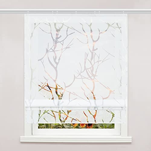 Delien Voile Raffrollo mit Klettband Transparente Ausbrenner Gardine Küche Raffgardine Kurz Rolls Vorhang »Äste« Bändchenrollo Schals Modern Fenster Gardinen BxH 140x140cm,Weiß