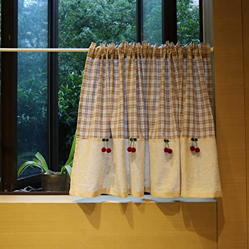 A.Monamour Tenda da cucina corta per piccola finestra plaid di lino cotone a quadri opaco con rosso ciliegia Rurale tenda rompighiaccio tende a piani tende a dischi pannelli mantovane bistrò