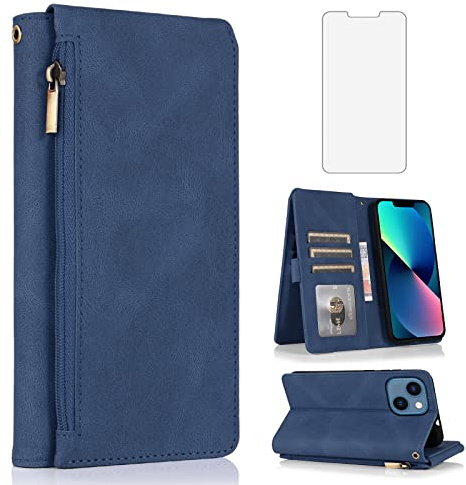 Asuwish Compatible with iPhone 13 6.1 inch Wallet Case Tempered Glass Screen Protector Zipper Leather Flip Cover Card Holder Stand Cell Phone for iPhone13 5G i i-Phone i13 iPhone13case Women Men Blue