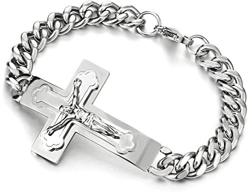 COOLSTEELANDBEYOND Herren Edelstahl Jesus Christus Kruzifix Kreuz-Armband Panzerkette Armband Poliert Farbe Silber