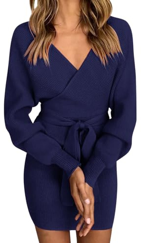 heekpek Women Jumper Dress Bodycon Long Sleeve Jumper Dresses Slim Fit Sweater V Neck Knitted Jumper for Office, Parties, Leisure, Cocktail Parties, Navy Blue, Size L