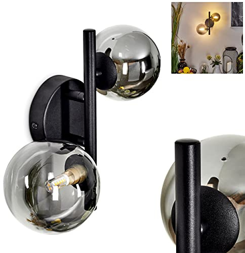 HOFSTEIN Wandleuchte Chehalis, moderne Wandlampe aus Metall/Glas in Schwarz/Rauchfarben, Retro/Vintage Leuchte mit Schirmen aus Rauchglas (Ø 10/12,5 cm), 2 x G9, Wohnzimmer, Schlafzimmer, Esszimmer