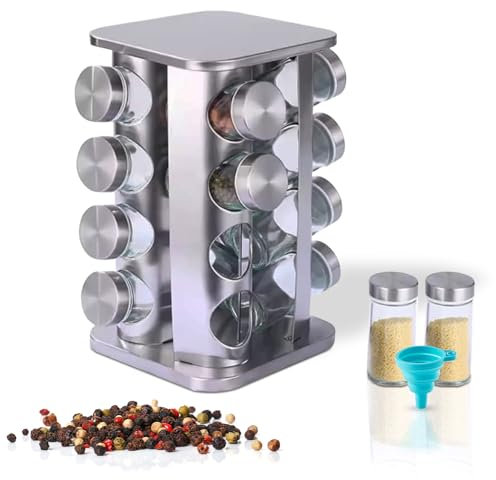 VR7 Estante giratorio de acero inoxidable 360 para especias y 16 tarros con tapas y etiquetas, organizador giratorio de especias de cocina, estante giratorio grande, carrusel giratorio para especias