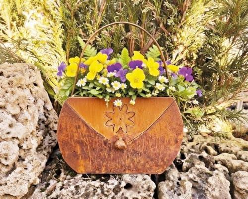 STEINFIGURENWELT GIEBEN Edelrost Kleine Handtasche mit Blume 22x17cm Tasche zum Bepflanzen Rost Pflanztasche Blumentopf Windlicht Edelrost Gartendeko