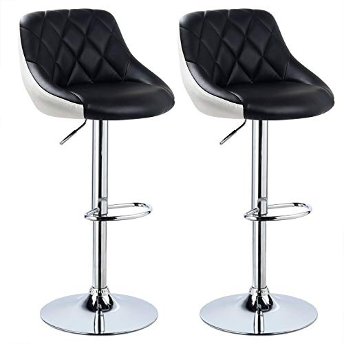 Drumm – Juego de 2 taburetes de bar con respaldo y reposapiés, diseño de silla alta para barra, ajustable en altura y giratorio a 360°, revestimiento de piel sintética (negro+blanco-2)