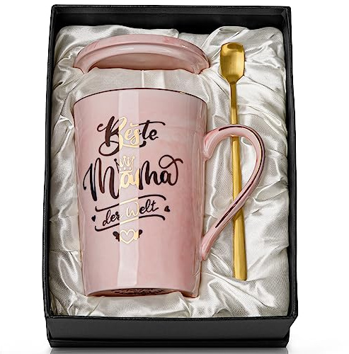 Mama Geschenk, Geburtstagsgeschenk für Beste Mama der Welt 14Oz Kaffeetasse | 5PCS Mutter Geschenk, mit Goldener Druckgrafik, Deckel, Löffel, Grußkarte, Geschenkbox, Spülmaschinenfest Mikrowellengeeignet
