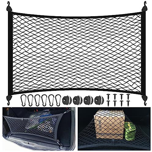 Rete Bagagliaio per Auto Elastico, Portaoggetti Estendibile a 150x110cm con 4 Ganci e 6 Moschettoni, Organizer per Tutti i Tipi di Auto 80x60cm
