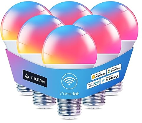 Consciot Smart Light Bulbs, WiFi Bluetooth Color Changing LED Light Bulb, A19 E26 RGBTW Light Bulbs That Works with Alexa/Google Home/Apple Home/Siri, Music Sync, 60W Equivalent Smart Bulb, 6 Pack
