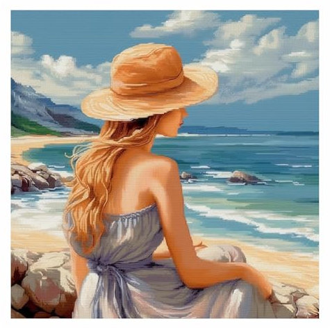 Cukol Cukol Kit Punto Croce Bellezza Spiaggia, Schemi Quadri Set Ricamo Punto Croce Kit da Ricamare Principianti Starter Prestampato Stampato Completo Bambini Cross Stitch Embroidery Ricami 46 x 46 cm