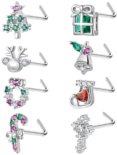 INTIMATE LOVER Christmas Nose Rings Pack, 20G Nose Studs, Christmas Elements L-Shaped Nose Piercing Jewelry, 316L Stainless Steel Nostril Piercing Jewelry for Women and Men (8PCS-Steel)