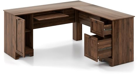 CASART L-shaped Computer Desk, 170cm Reversible Corner Desk with Drawers, Cabinet & Keyboard Tray, Modern Office Desk Wooden PC Laptop Table for Home Office Bedroom (Walnut)