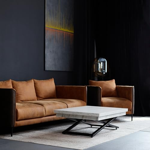 LUNGO Höhenverstellbarer Couchtisch, verwandelt sich in Esstisch-Rechteckig Couchtisch mit Höhenverstellung-Multifunktionstisch wohnzimmer-Platzsparender, umwandelbarer Couchtisch (Weißer Marmor)