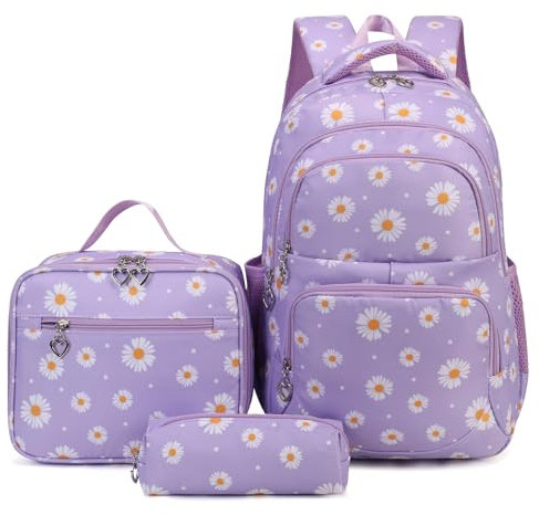 SIVENKE Schulrucksack Mädchen Teenager Damen Schultasche Rucksack Set Gänseblümchen Schulranzen für Mädchen Schule Freizeit mit Lunchpaket Tasche und Mäppchen
