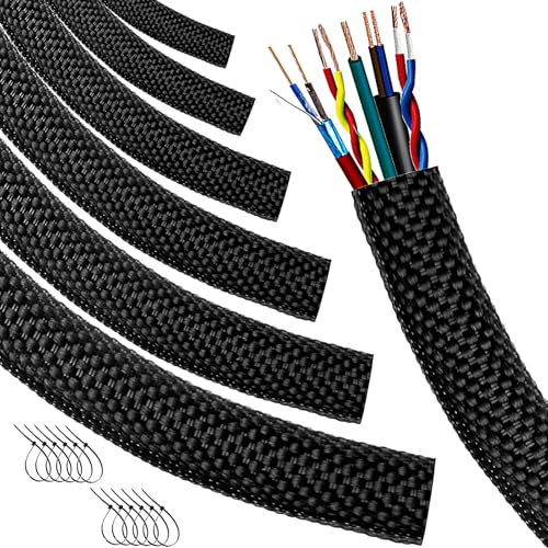 Automotive Wire Loom High Temperature Braided Wraps, Split-Sleeve Heat Resistant Wiring Tubing Cord Cover for Harness Wires, Self-Wrapping Heavy Duty Sheathing Cable Management Black（16ft-1/2inch ）