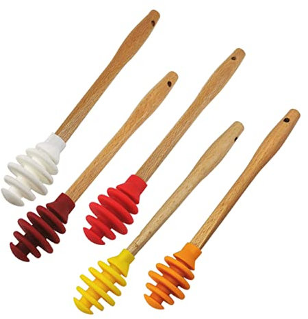 Garneck Silicone Honey Dippers and Stirring Spoons Set, 5pcs (Green, Red, Pink), Non-Stick Food-Grade Silicone, for Honey Jars and Syrup Stirring in Kitchen Use