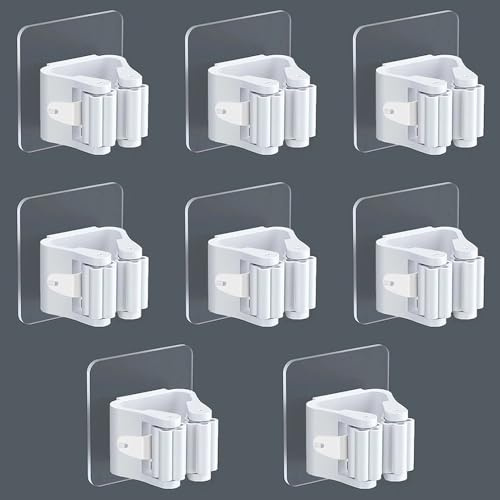 8Pcs Broom Holder Wall Mounted, Self Adhesive Mop Holder, No Drill, White
