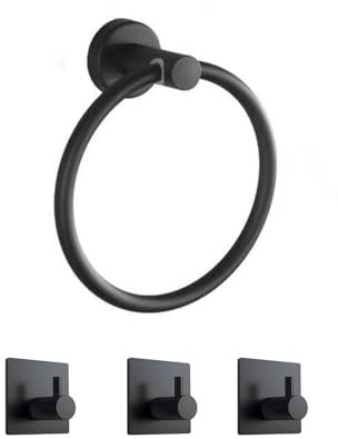 Set di 4 portasciugamani, anello da bagno, in acciaio inox nero opaco, con anello per asciugamani e 3 accappatoi, fissaggio a parete del bagno (nero)