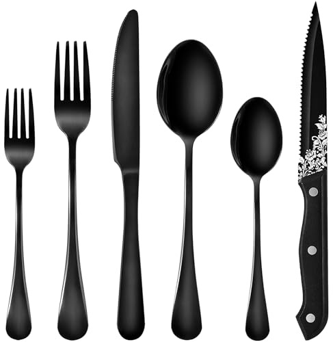 SHEUMNT 48-Piece Black Silverware Set, Mirror Polished Flatware Set for 8, Food-Grade Stainless Steel Cutlery Set, Includes Spoons Forks Knives, Kitchen Cutlery for Home Office Restaurant Hotel