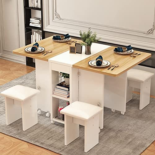 WADRBSW Klapptisch Klappbarer Esstisch, Ausziehbarer Rechteckiger Küchentisch Aus Holz Mit Rollen Und 4 Hockern, Kleiner Esstisch Für Küche, Wohnzimmer,120CM to Pursue Happiness