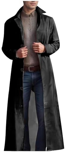 Men's Trench Coat Clearance Solid Color Pu Leather Full Length Windbreaker Gothic Faux Leather Steampunk Overcoat Casual Outwear Lapel Windproof Motorcycle Button Up Long Trench Coat for Winter