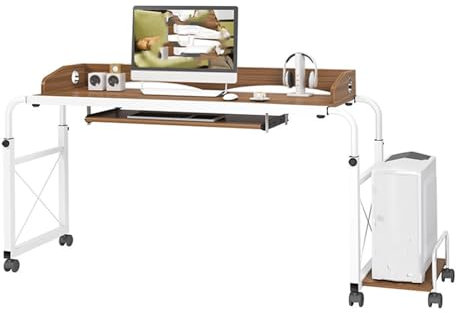 Table de lit à roulettes réglable en hauteur pour hôpital à domicile, bureau de lit roulant avec plateau pour clavier et rangement d'hôte (marron)
