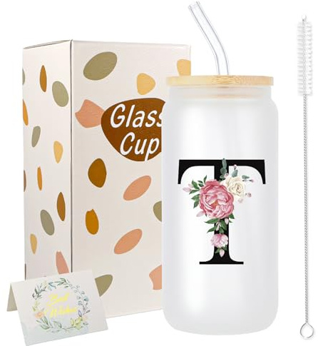 JEKUGOT A-Z Initial Personalised Birthday Gifts for Women, 16oz Iced Coffee Glass Cups with Lids and Straws, Glass Coffee Cup Gift Set for Mothers, Friends, Women, Men, Iced Coffees Cup Gift (T)