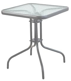 HERSIG - Mesa de Jardin Cuadrada de Acero y Vidrio Templado - Mesa Exterior Gris 60x60x70 CM - Mesas de Terraza y Jardín Cuadradas Resistentes - Mesas para Verano Exterior con Cristal Texturizado