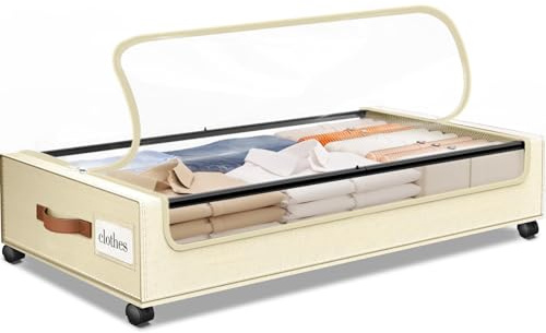 SpaceHacks Contenitore sotto il letto con ruote, 1 pezzo, con finestra trasparente ed etichetta, cassetti sotto il letto, grande capacità, per vestiti, scarpe, coperte (beige)