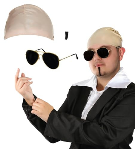 Ensemble d'accessoires Mr Worldwide pour adultes – Casquette chauve en latex nude, lunettes de soleil noires, patch âme noire – Icône de musique pour homme et femme