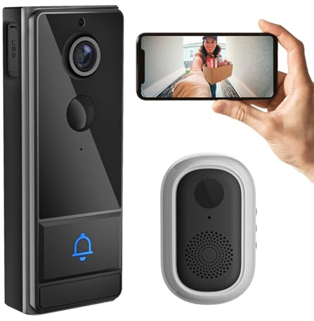 Sonnette sans Fil avec Camera, Sonnette WiFi sans Fil Exterieur IP66Etanche, Détection Humaine PIR,Vision Nocturne Couleur,Audio Bidirectionnel,Supporte Le Stockage Cloud,Supporte Uniquement 2,4 GHz