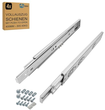 SOTOOLS 2 Paar Vollauszug Schubladenschienen, 400 mm, max. 45 kg | Push-to-Open-Vollauszug aus Stahl, kugelgelagert, für Schubladen, Möbel, Werkstatt, Küchenschränke und Schrankauszug.